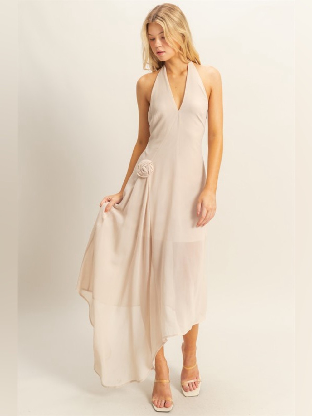 💖Hello Gorgeous! Chiffon Halter Asymmetrical Hem Dress - Champagne